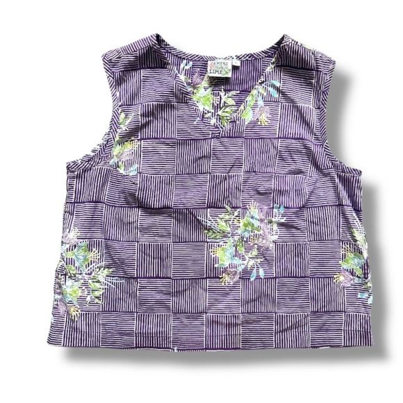 Vintage 90s Tropical Check Purple Floral Tank Top Womens Size Medium Summer RARE - Picture 1 of 15